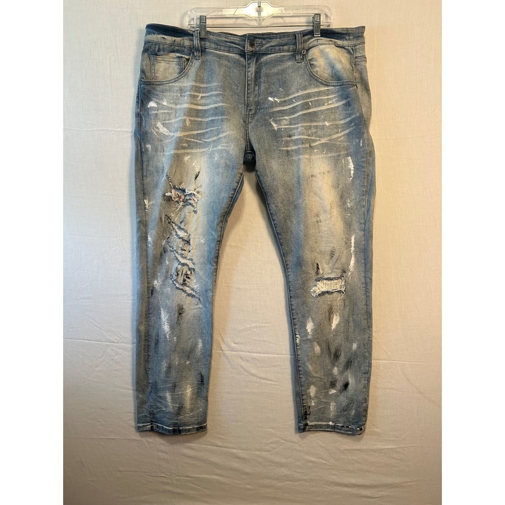 Kilogram Mens Distressed Paint Splatter Jeans Light Wash Camo Underlay 44 2583